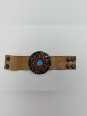 Turquoise & Red Suede Cuff Bracelet with Decorative Concho